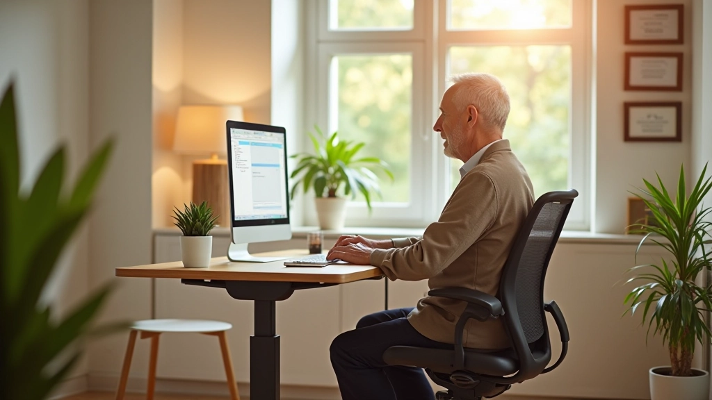 Home office workspace with adjustable desk and ergonomic chair