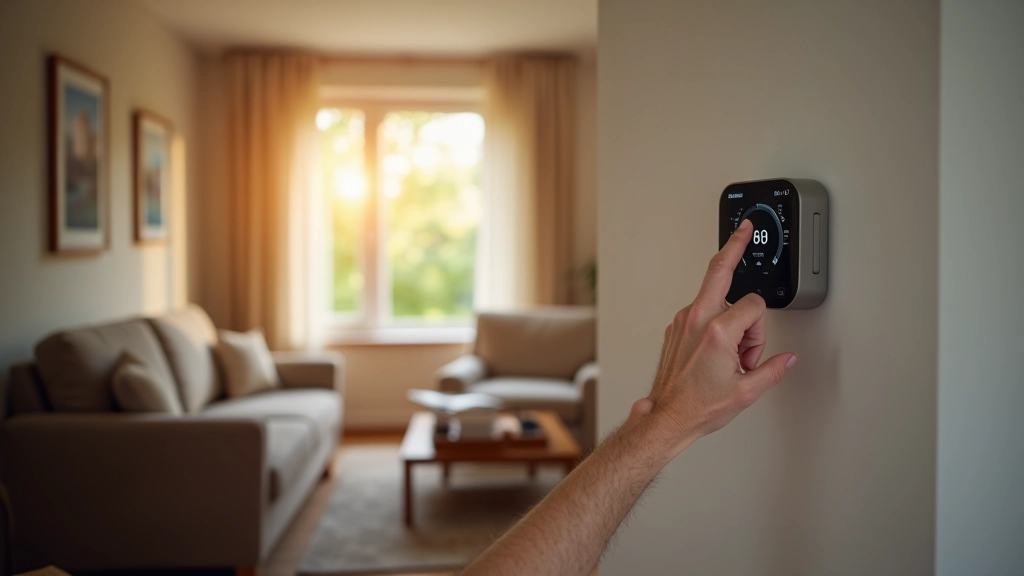 Living room with smart thermostat control panel on wall
