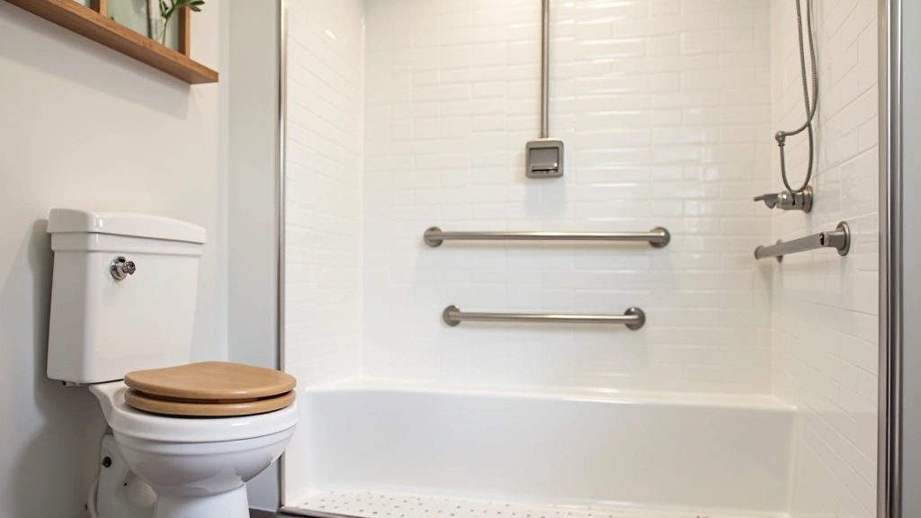 Accessible bathroom with grab bars and adjustable shower fixtures