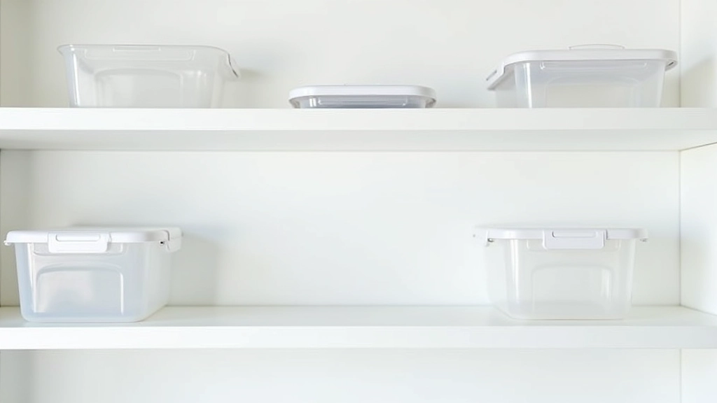 Variety of clear storage containers, drawer dividers, and labeling supplies organized on white shelves