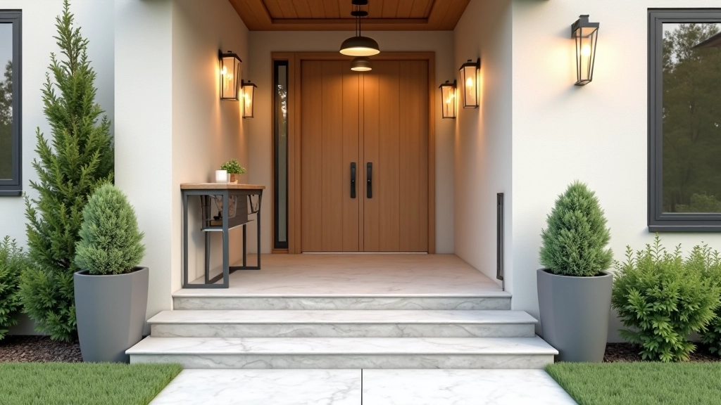 Attractive home entrance with integrated wooden ramp, wide doorway with lever handle, attractive lighting, smooth transitions between materials, planters on sides, welcoming contemporary design with no visible disability equipment