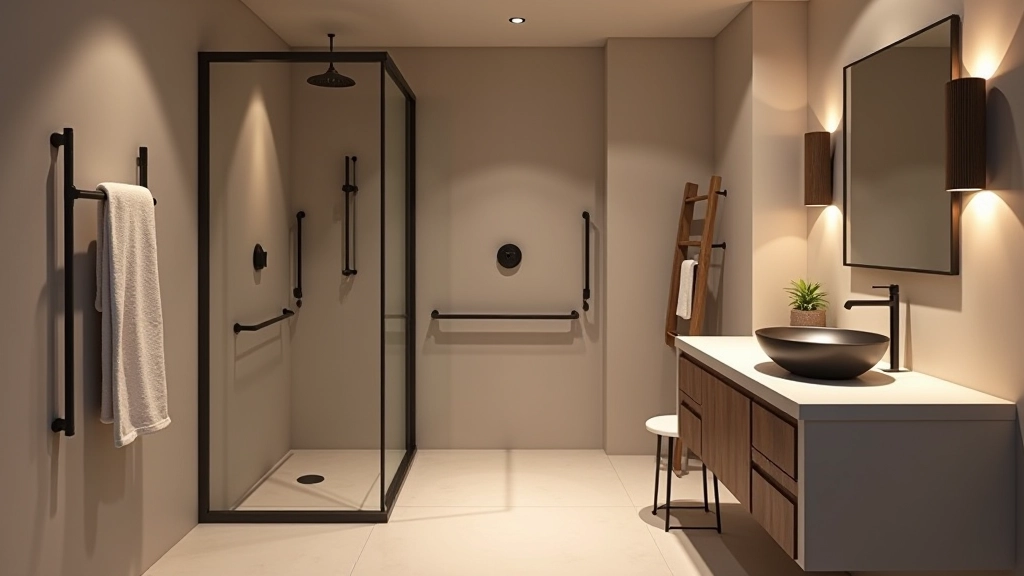 Luxurious spa-style bathroom with sleek matte black grab bars, zero-threshold walk-in shower with modern glass enclosure, heated floor, vessel sink on accessible vanity, soft warm lighting from recessed fixtures and sconces