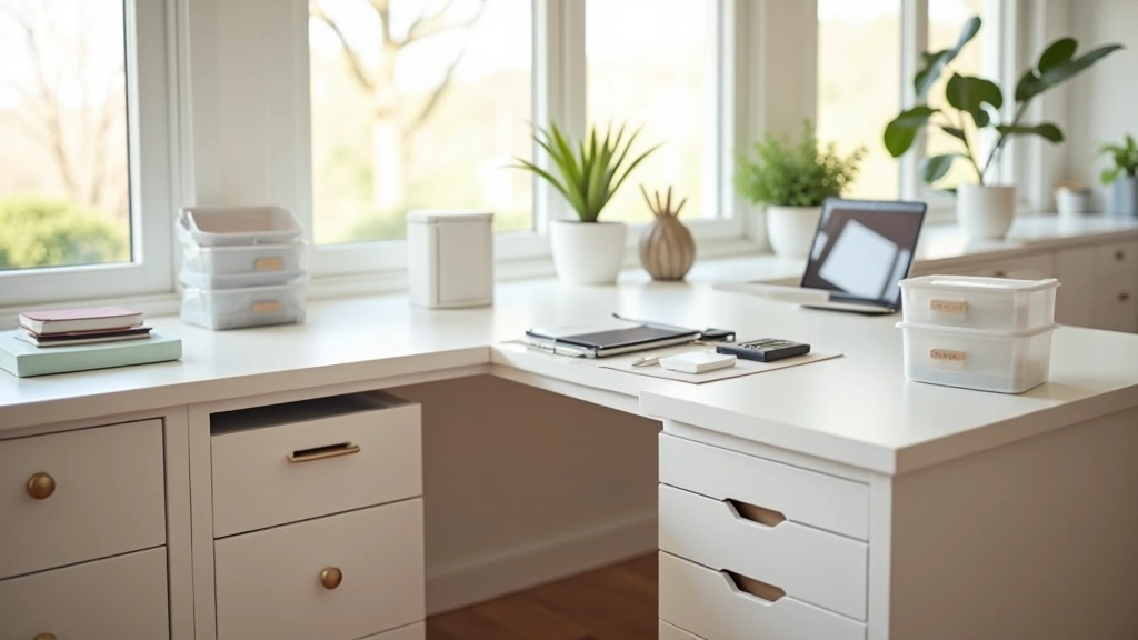 Organized home office with clear storage containers, visible items, and labeled drawers
