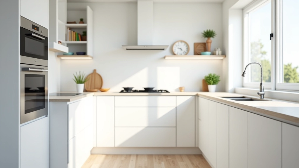 Modern kitchen with white cabinetry, adjustable-height countertop sections, open shelving at accessible heights, pull-out drawers, wide clearance under sink, stainless steel appliances with easy-to-reach handles