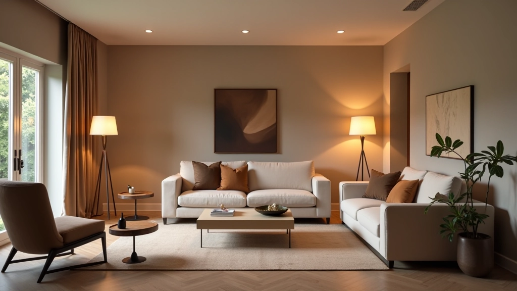 Spacious, bright living room with furniture arranged for easy navigation, comfortable seating at accessible heights, layered lighting including floor lamps and dimmed recessed lights, wide open floor space, contemporary aesthetic with warm tones