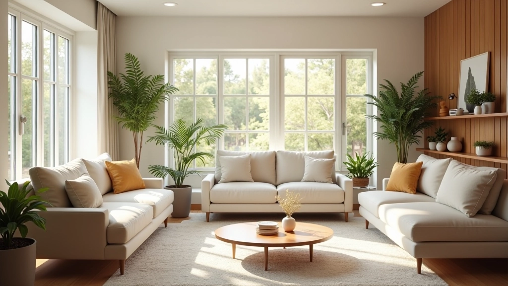 Modern living room with comfortable seating, natural light from windows, and organized shelving with plants and decor