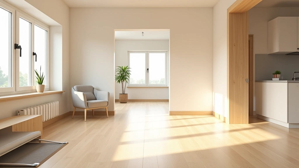 Bright, modern living room with an elegant wooden ramp integrated seamlessly into the design, wide doorways with contemporary frames, and accessible kitchen visible in background with adjustable-height counters