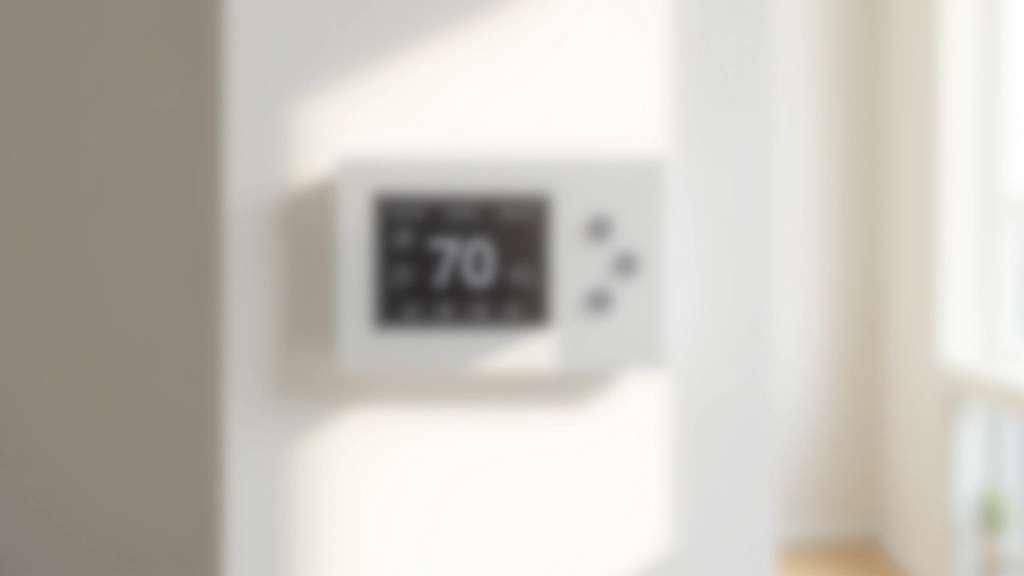 Modern smart thermostat mounted on light wall in contemporary home interior
