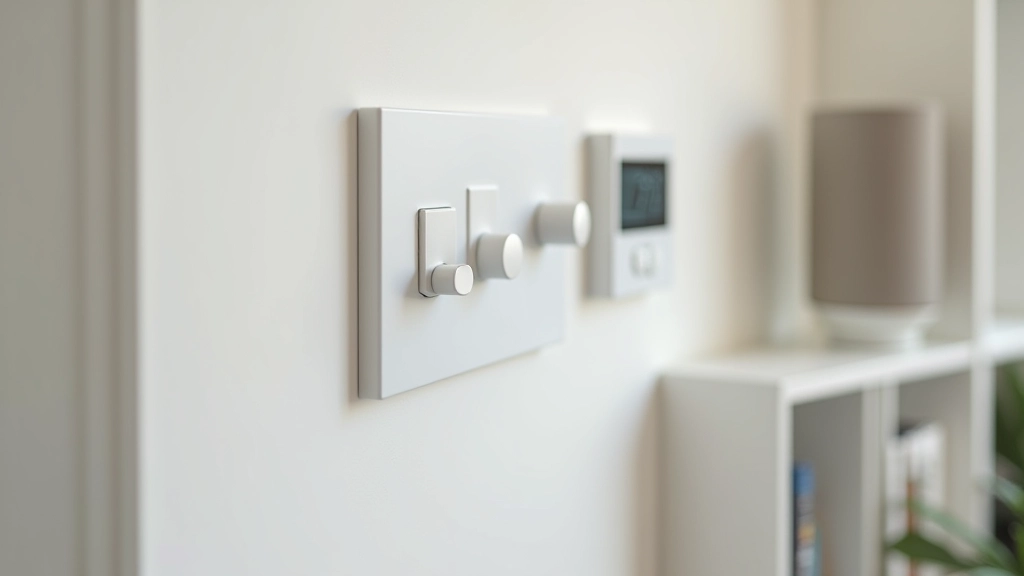 Modern smart home setup showing accessible controls: wall-mounted smart home panel at reachable height, smart lights with dimmer, voice-controlled speaker, thermostat at eye level, all integrated into contemporary interior design