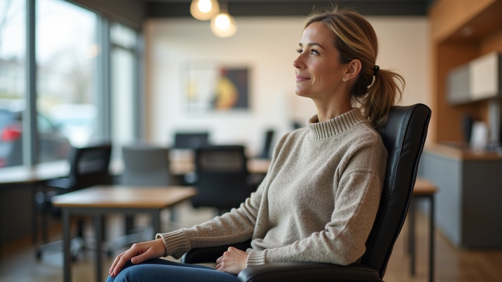 Woman testing ergonomic chair in showroom setting checking proper positioning