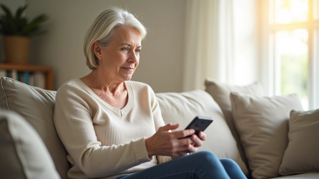 Woman checking thermostat settings on smartphone while sitting on couch, relaxed home environment