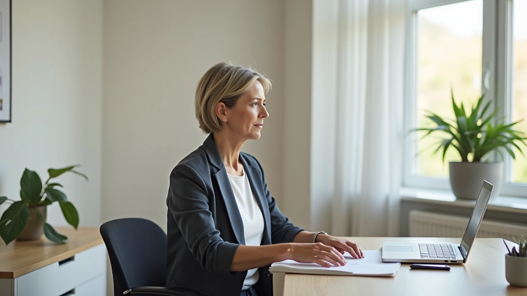 Person sitting in proper posture at desk with aligned spine and relaxed shoulders