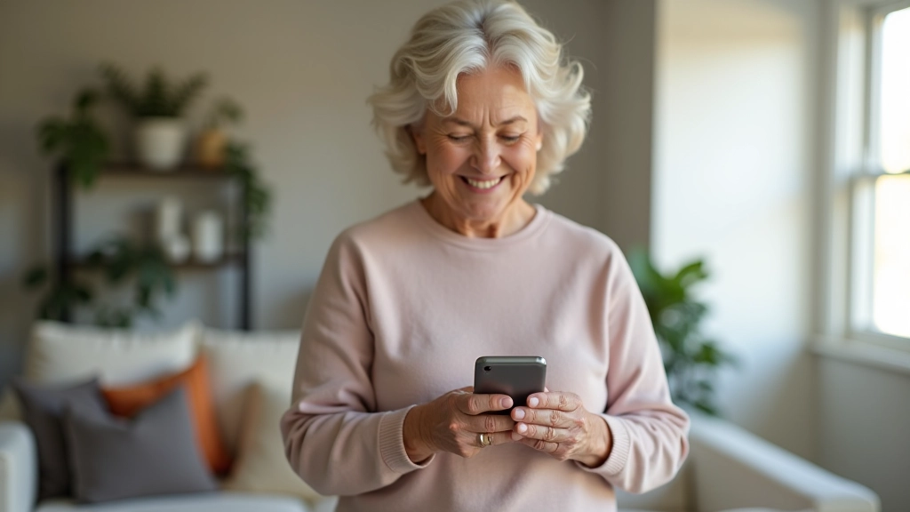 Elderly person using smartphone to adjust home thermostat settings, modern living room with comfortable seating